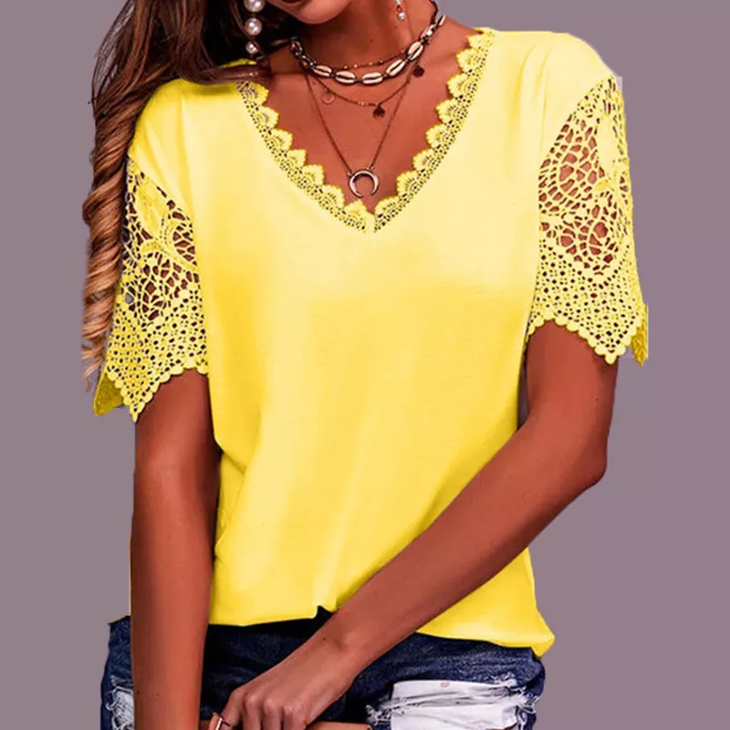 Summer Patchwork Lace V-neck Women's T-shirt