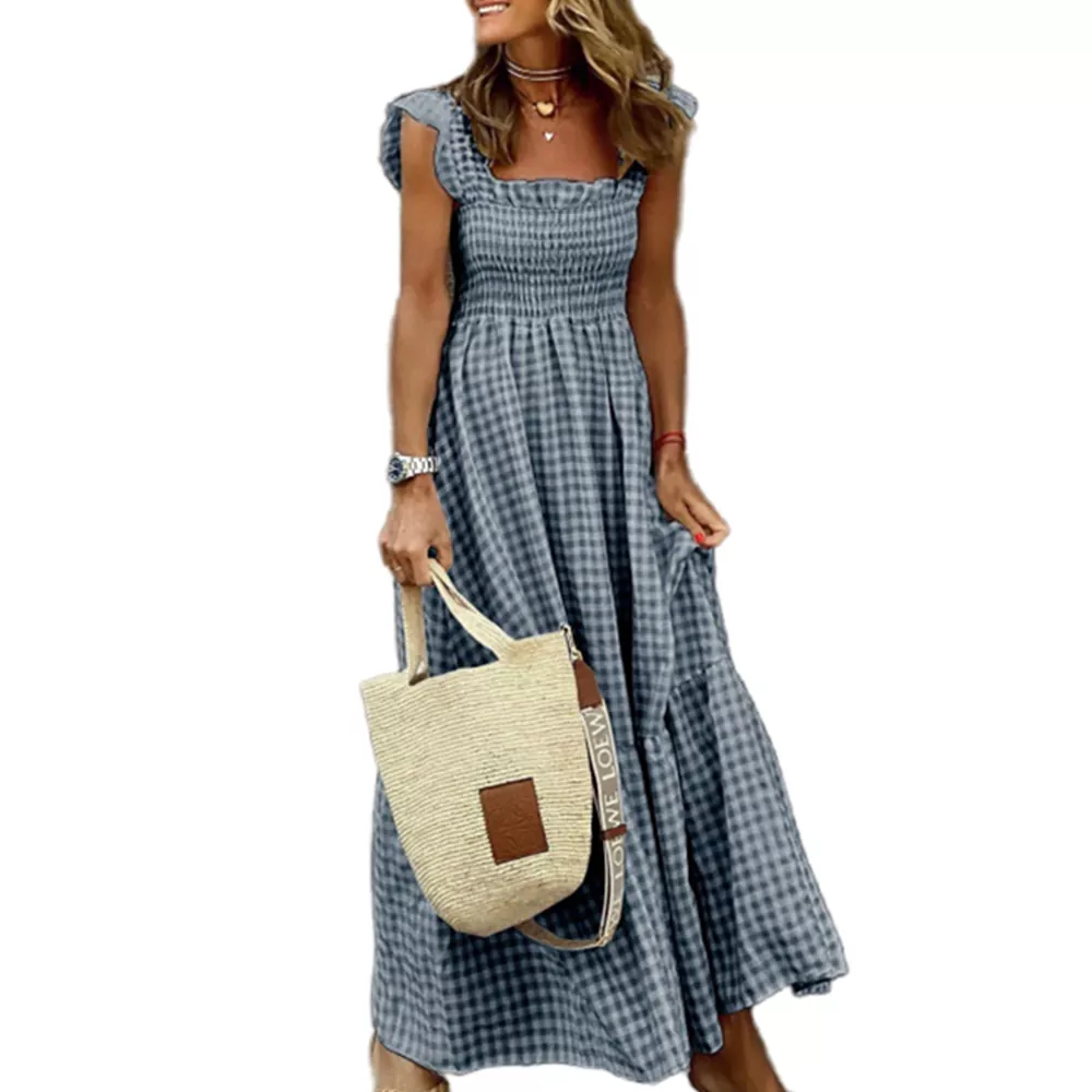 Elegant Ruffle Hem Waist-Tied Pleated Maxi Dress