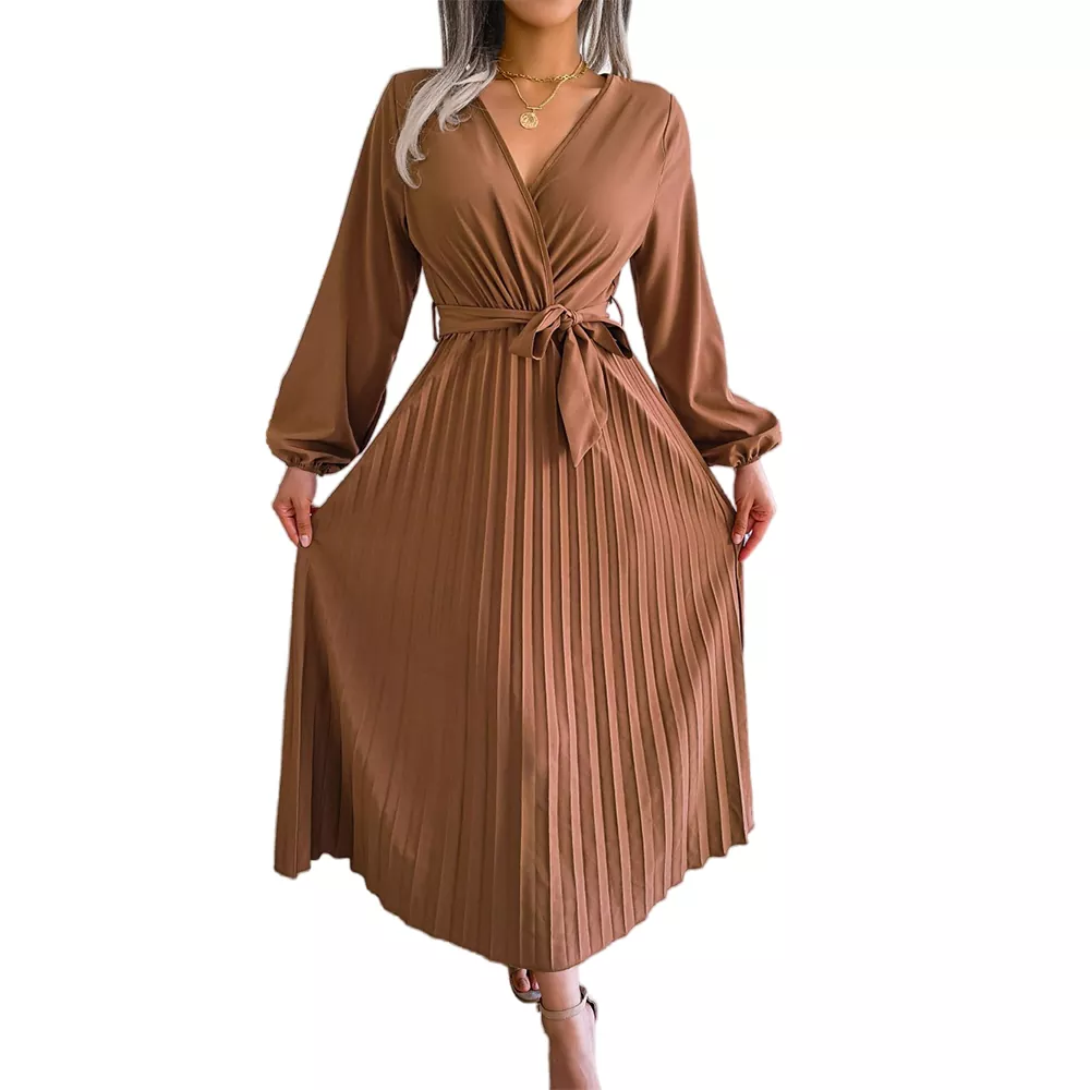 Pleated Hem V-Neck Maxi Dress